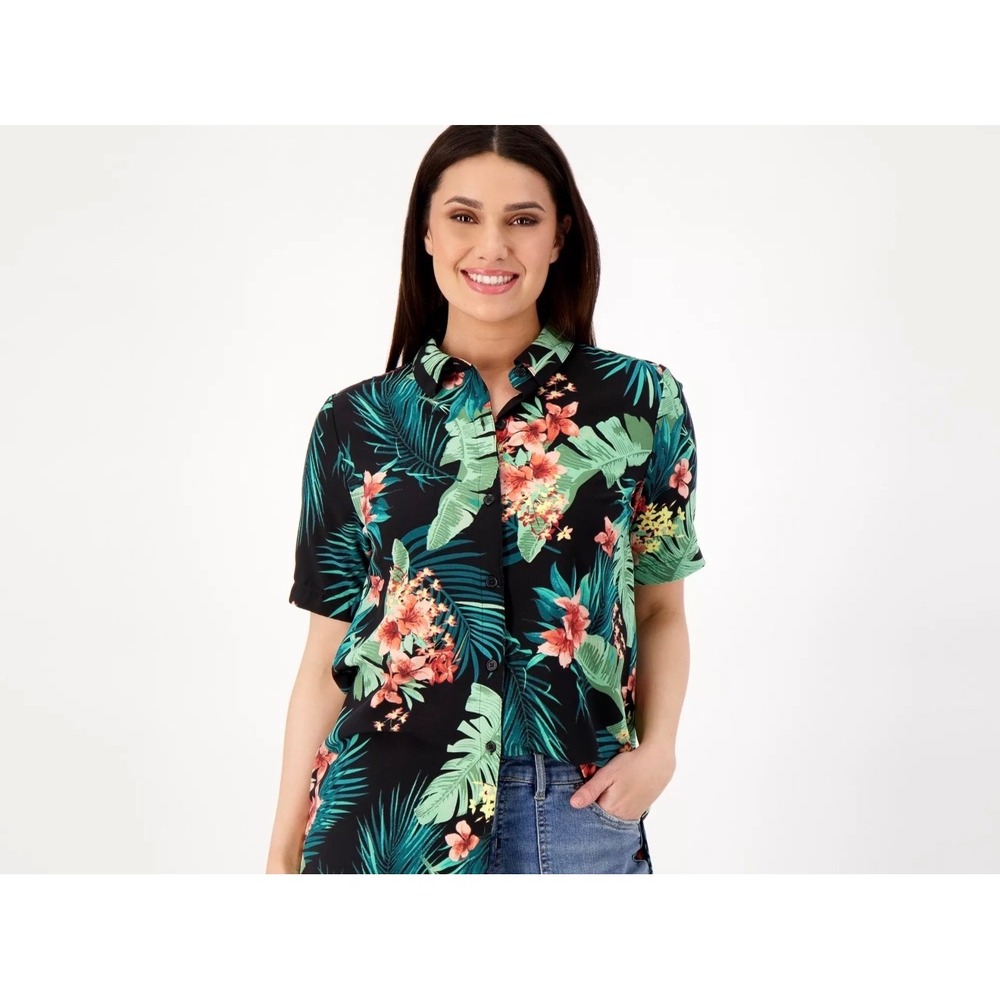 Girl With Curves Womens Tropical Floral Button Down Shirt Black Green Large